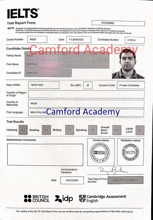 IELTS Coaching Centre in Kerala.Mr. Beepaul scores 8 in his IELTS Academic module. Camford Academy IELTS India.